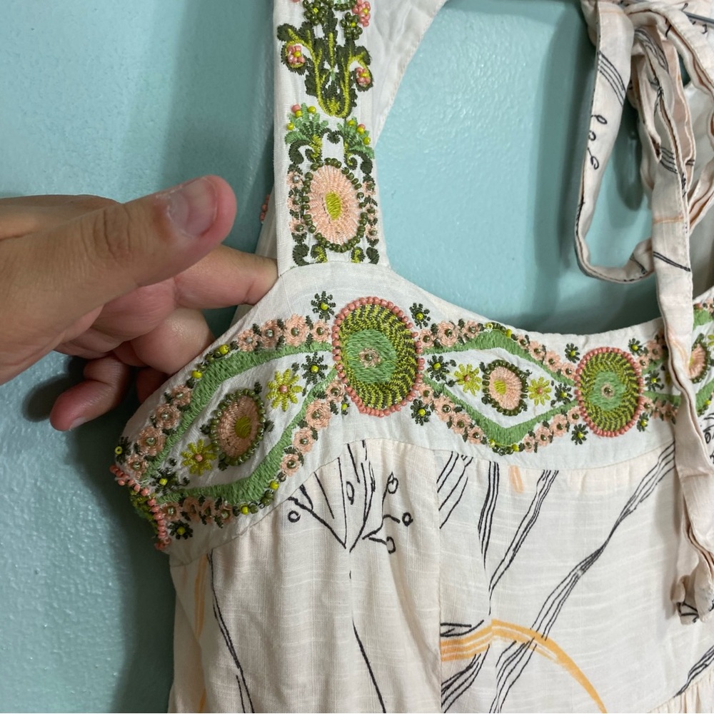 Anthropologie Square Neck Floral Embroidered Beaded Maxi Dress Small Petite - Picture 4 of 16